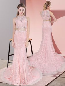 Luxurious Pink Two Pieces Lace High-neck Sleeveless Beading Zipper Prom Dresses Court Train