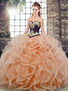 Charming Peach Tulle Lace Up Quinceanera Dress Sleeveless Sweep Train Embroidery and Ruffles