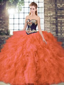 Organza Sweetheart Sleeveless Lace Up Beading and Embroidery Quinceanera Gowns in Orange Red