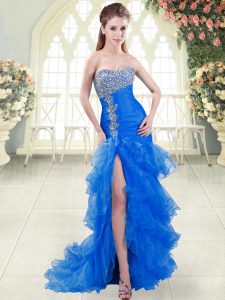 Blue Sleeveless Beading and Ruffled Layers Lace Up Evening Dress