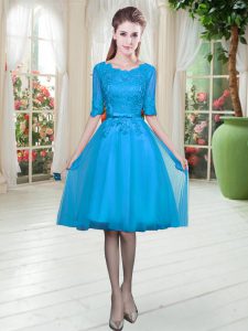 Popular Blue Half Sleeves Tulle Lace Up Prom Evening Gown for Prom and Party