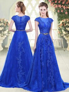 Blue A-line Scoop Cap Sleeves Tulle Sweep Train Zipper Lace and Appliques Prom Dresses