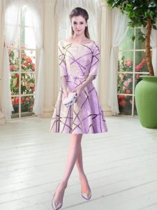 Custom Made Lilac Half Sleeves Knee Length Ruching Lace Up Prom Party Dress