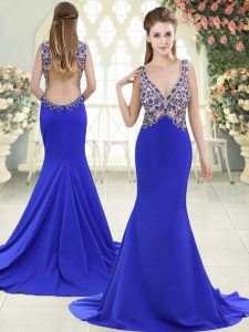 Captivating Sweep Train Mermaid Prom Evening Gown Blue V-neck Elastic Woven Satin Sleeveless Backless