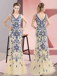 Edgy Mermaid Homecoming Dress Champagne V-neck Tulle Sleeveless Floor Length Zipper