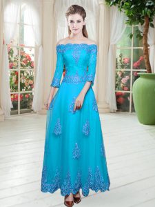 Off The Shoulder 3 4 Length Sleeve Lace Up Prom Party Dress Blue Tulle