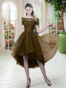 Captivating Brown Lace Up Off The Shoulder Lace Homecoming Dress Tulle Short Sleeves