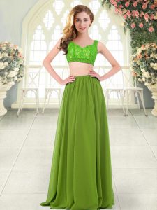 Delicate Olive Green Two Pieces Straps Sleeveless Chiffon Floor Length Zipper Beading and Lace Dress for Prom