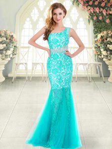 Discount Aqua Blue Formal Evening Gowns Prom and Party with Beading and Lace One Shoulder Sleeveless Zipper