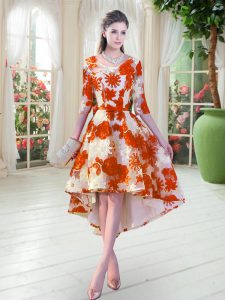 Luxurious Orange Red Lace Lace Up Prom Gown Half Sleeves High Low Belt