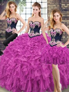 Unique Ball Gowns 15th Birthday Dress Fuchsia Sweetheart Organza Sleeveless Floor Length Lace Up