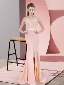 Hot Sale Peach Sleeveless Beading and Lace Zipper Evening Dress