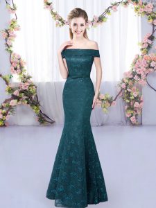 Inexpensive Off The Shoulder Sleeveless Lace Up Lace Wedding Party Dress in Peacock Green