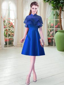 Royal Blue High-neck Neckline Ruffled Layers Prom Gown Cap Sleeves Lace Up