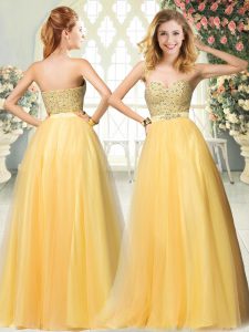 Gold A-line Tulle Sweetheart Sleeveless Beading Floor Length Zipper Prom Dresses