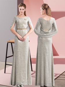 Grey Half Sleeves Belt Floor Length Evening Dress