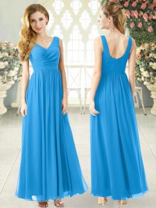 Blue Zipper Prom Party Dress Ruching Sleeveless Ankle Length