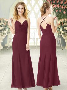 Ideal Column/Sheath Prom Party Dress Burgundy Spaghetti Straps Chiffon Sleeveless Floor Length Zipper