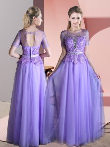 Glamorous Floor Length Backless Prom Evening Gown Lavender for Prom and Party with Beading and Lace