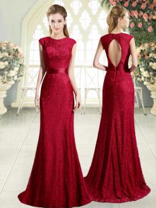 Deluxe Red Scoop Sleeveless Sweep Train Backless