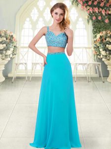 Sleeveless Floor Length Beading Zipper Prom Gown with Aqua Blue