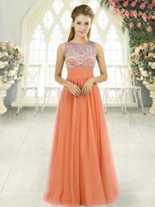 Deluxe Orange Sleeveless Floor Length Beading Backless Prom Dresses