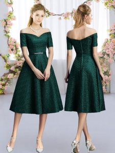 Romantic Dark Green Wedding Party Dress Belt Short Sleeves Tea Length