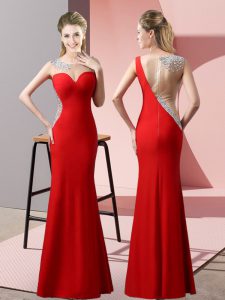 Red Mermaid Satin Scoop Sleeveless Beading and Pick Ups Floor Length Zipper Prom Dress