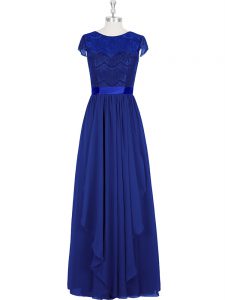 Enchanting Floor Length Royal Blue Prom Evening Gown Scoop Cap Sleeves Zipper