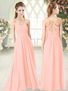 Flirting Sleeveless Chiffon Floor Length Criss Cross Prom Gown in Pink with Ruching