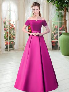 Satin Off The Shoulder Short Sleeves Lace Up Belt Prom Dress in Fuchsia