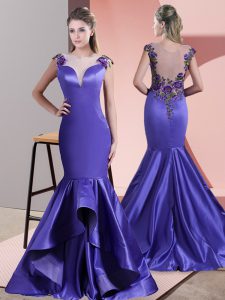 Satin Sleeveless Womens Evening Dresses Sweep Train and Beading and Appliques