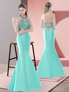 Blue and Apple Green Sleeveless Sweep Train Beading Prom Gown
