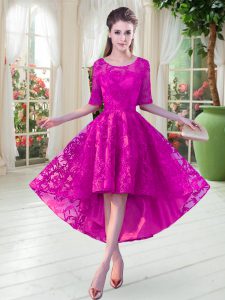 Fantastic High Low Zipper Dress for Prom Fuchsia for Prom and Party with Lace