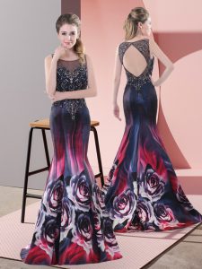 Scoop Sleeveless Printed Prom Gown Beading Sweep Train Backless