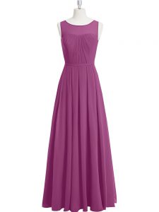Scoop Sleeveless Prom Evening Gown Floor Length Ruching Purple Chiffon