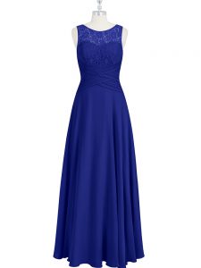 Sleeveless Chiffon Floor Length Zipper Evening Dress in Royal Blue with Lace and Pleated