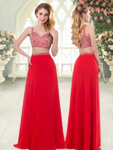 Fantastic Floor Length Zipper Dress for Prom Red for Prom and Party with Beading