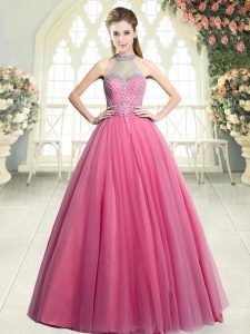 Shining Pink A-line Tulle Halter Top Sleeveless Beading Floor Length Zipper Prom Evening Gown