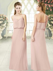 Pink Sleeveless Floor Length Ruching Zipper Prom Party Dress