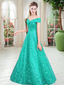Stunning Turquoise Lace Up Off The Shoulder Beading Prom Party Dress Lace Sleeveless