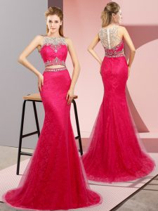 High End Hot Pink Prom Gown Scoop Sleeveless Sweep Train Lace Up