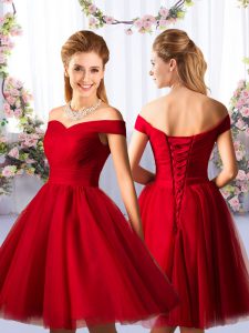 Smart Tulle Off The Shoulder Sleeveless Lace Up Ruching Court Dresses for Sweet 16 in Red