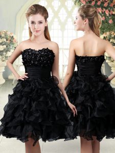 Black Organza Side Zipper Evening Dress Sleeveless Mini Length Beading and Appliques and Ruffles