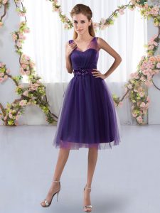 High Class Purple Empire Tulle V-neck Sleeveless Appliques Knee Length Zipper Wedding Guest Dresses