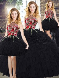 Gorgeous Black Ball Gowns Organza Scoop Sleeveless Embroidery and Ruffles Zipper Vestidos de Quinceanera