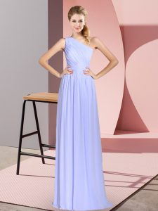 Attractive Baby Blue Chiffon Lace Up One Shoulder Sleeveless Floor Length Prom Gown Ruching