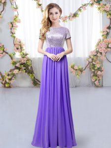 Spectacular Lavender Empire Chiffon Scoop Short Sleeves Sequins Floor Length Zipper Dama Dress for Quinceanera