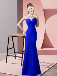 Fashion Royal Blue Satin Zipper Prom Evening Gown Sleeveless Floor Length Beading and Pick Ups