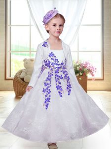 Sleeveless Ankle Length Embroidery Zipper Flower Girl Dresses for Less with White